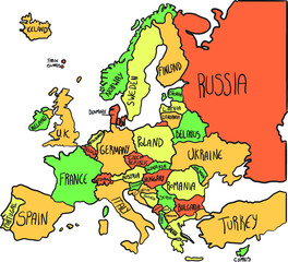 cartoon hand drawn map of europe 
