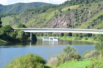 Passagierschiff auf der Mosel unter einer Brücke