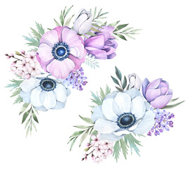Watercolor illustration. Spring bouquet on a white background. Anemone, lilac, leaves.