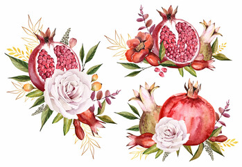 Autumn bouquets. Watercolor illustration. Pomegranate, flowers, leaves on a white background. Botanical composition.