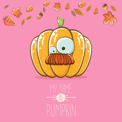 vector funny cartoon cute orange smiling pumkin isolated on pink background. My name is pumkin vector concept illustration. vegetable funky halloween or thanksgiving day character