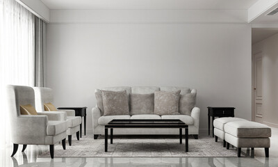 The living room interior and furniture mock up decoration and white empty wall pattern background. 3D rendering
