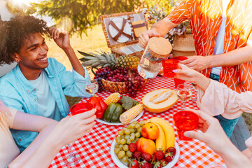 Friends have a picnic with a camper in a green meadow