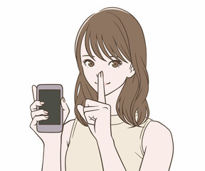 スマートフォンを持ち、人差し指を口に当てる女性