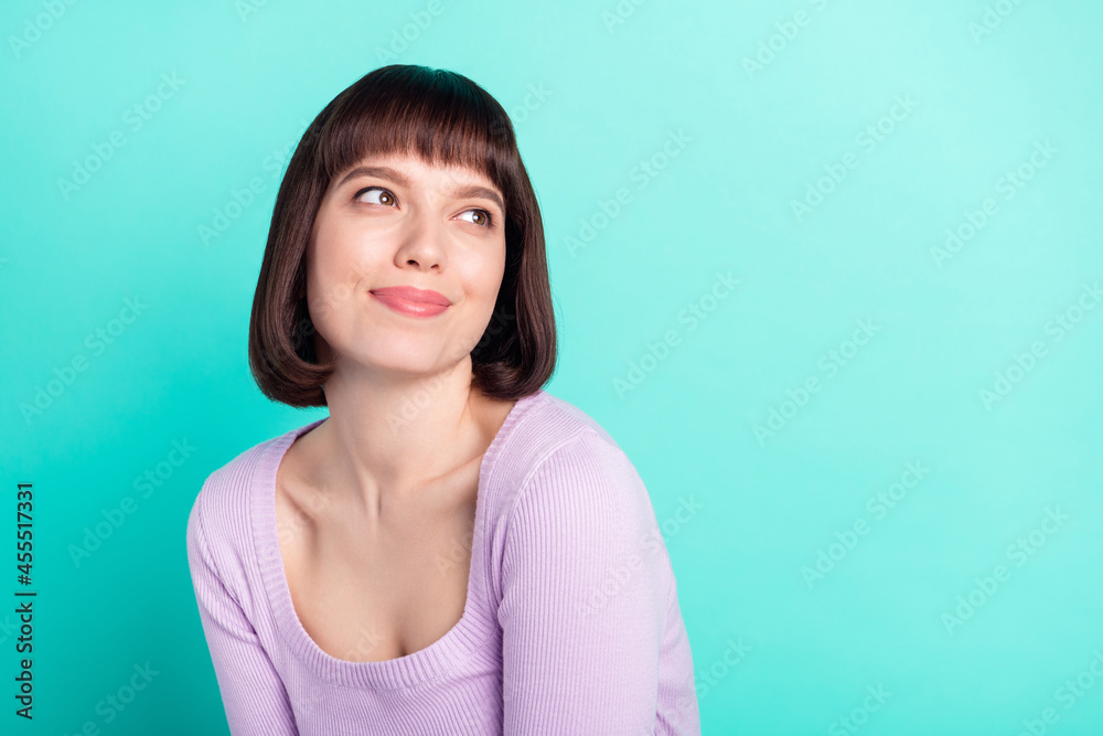 Sticker Photo portrait pretty woman dreamy looking copyspace smiling cheerful isolated vibrant turquoise color background