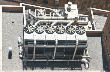 Aerial view of rooftop air conditioning system, New York City, USA.