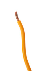Stripped electrical wire with yellow insulation isolated on white