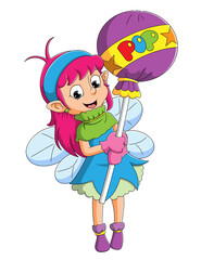The little fairy girl is holding the big lollipop