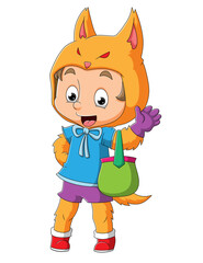 The boy with the fox costume is holding the colourful basket