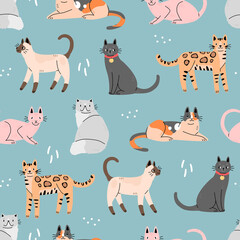 Seamless pattern with cute cats on a blue background. Background with animals. Vector illustration.