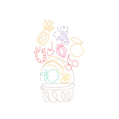 One line fruit platter in a wicker basket. Healthy detox food. Vector illustration isolated on a white backgrounds. 