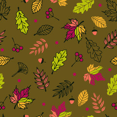 Seamless vector pattern with autumn leaves on green background. Simple seasonal nature wallpaper design. Decorative bright forest fashion textile.