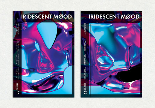 Trendy Posters Layout with 3D Fluid Iridescent Metal Background