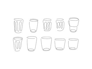 One line glass cup juice, cocktails and alcohol. Drink to go. Vector illustration isolated on a white backgrounds. 