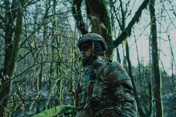 Obraz premium Portrait of airsoft player in professional equipment with machine gun in the forest. Soldier with weapons at war