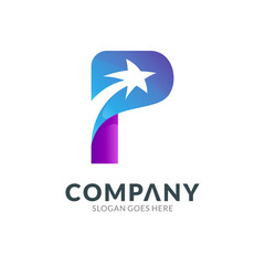 Logo design template of letter P combination with shooting star