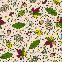 Seamless vector pattern with autumn leaves on beige background. Beautiful fall season wallpaper design. Decorative forest fashion textile texture.