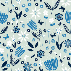 Seamless vector pattern with blue flower garden on grey background. Gentle vintage floral wallpaper design. Decorative romantic fashion textile.