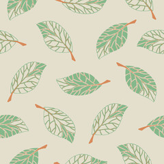 Seamless vector pattern with textured leaves on beige background. Simple soft pastel wallpaper design. Decorative leaf veins fashion textile.