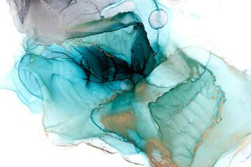 Luxury emerald abstract background in alcohol ink technique, aquamarine gold liquid painting,...