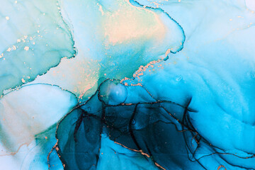 Luxury abstract background in alcohol ink technique, indigo blue gold liquid painting, scattered acrylic blobs and swirling stains, printed materials