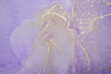 Luxury abstract background in alcohol ink technique, purple gold liquid painting, scattered acrylic blobs and swirling stains, printed materials