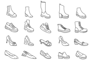 Shoes line icon set vector, editable stroke.Sneakers, high heels, boots outline.