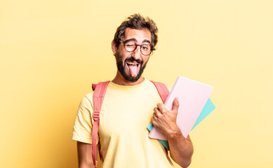 expressive crazy man with cheerful and rebellious attitude, joking and sticking tongue out. adult...