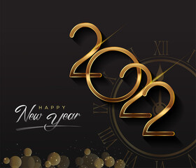 Fototapeta na wymiar Happy New Year 2022 - New Year Shining background with gold clock and glitter.