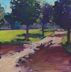 Fototapeta na wymiar Pastel painting of landscape, trees, meadow and path. Garden park in the Summer.