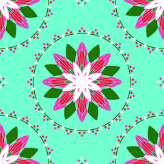 Seamless vector pattern with lotus flower circle on blue background. Zen lily symbol wallpaper design. Decorative floral wreath fashion textile.