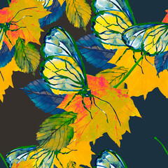 Fototapeta premium Autumn foliage with insects.Seamless pattern of autumn tree branches.Image on white and colored background
