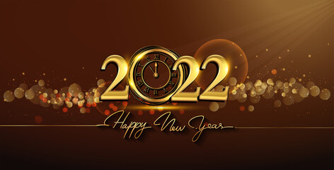 Happy New Year 2022 - New Year Shining background with gold clock and glitter.