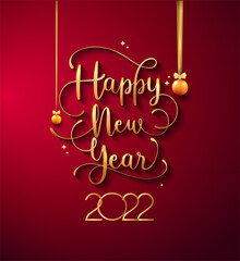 New Year 2022 handwritten lettering typography design with golden elegant color on red background