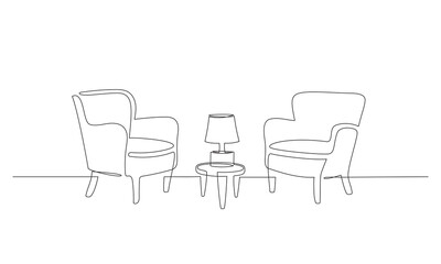 One continuous Line drawing of psychologist's office with two armchairs and a table with a lamp. Vector illustration