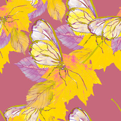 Autumn foliage with insects.Seamless pattern of autumn tree branches.Image on white and colored background
