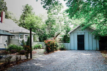 Fototapeta na wymiar Blue outdoor shed wood building for storage