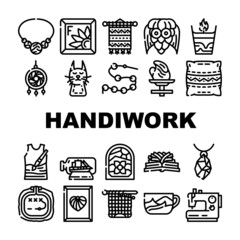 Handiwork Craft Hobby Occupation Icons Set Vector. Candle And Composition From Old Book, Felt Pocket And Cone Toy, Boat In Bottle And Weaving Amulet Handiwork Decoration Contour Illustrations