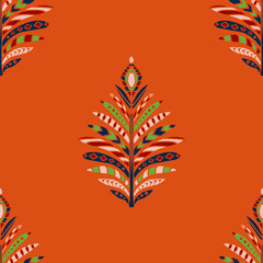 Seamless vector pattern with artistic feather on orange background. Simple native symbol wallpaper design. Decorative hand drawn fern fashion textile.