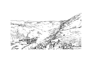 Fototapeta na wymiar Building view with landmark of La Plagne is a French ski area in the alpine valley of the Tarentaise. Hand drawn sketch illustration in vector.