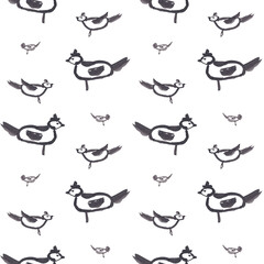 black birds hand drawn watercolor seamless pattern.  Abstract flying bird set with watercolor texture isolated on white background.