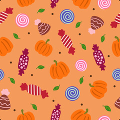 Pumpkin, leaves, truffles, candies  on a white background. Seamless doodle autumn pattern. Halloween. Suitable for packaging, gift paper.
