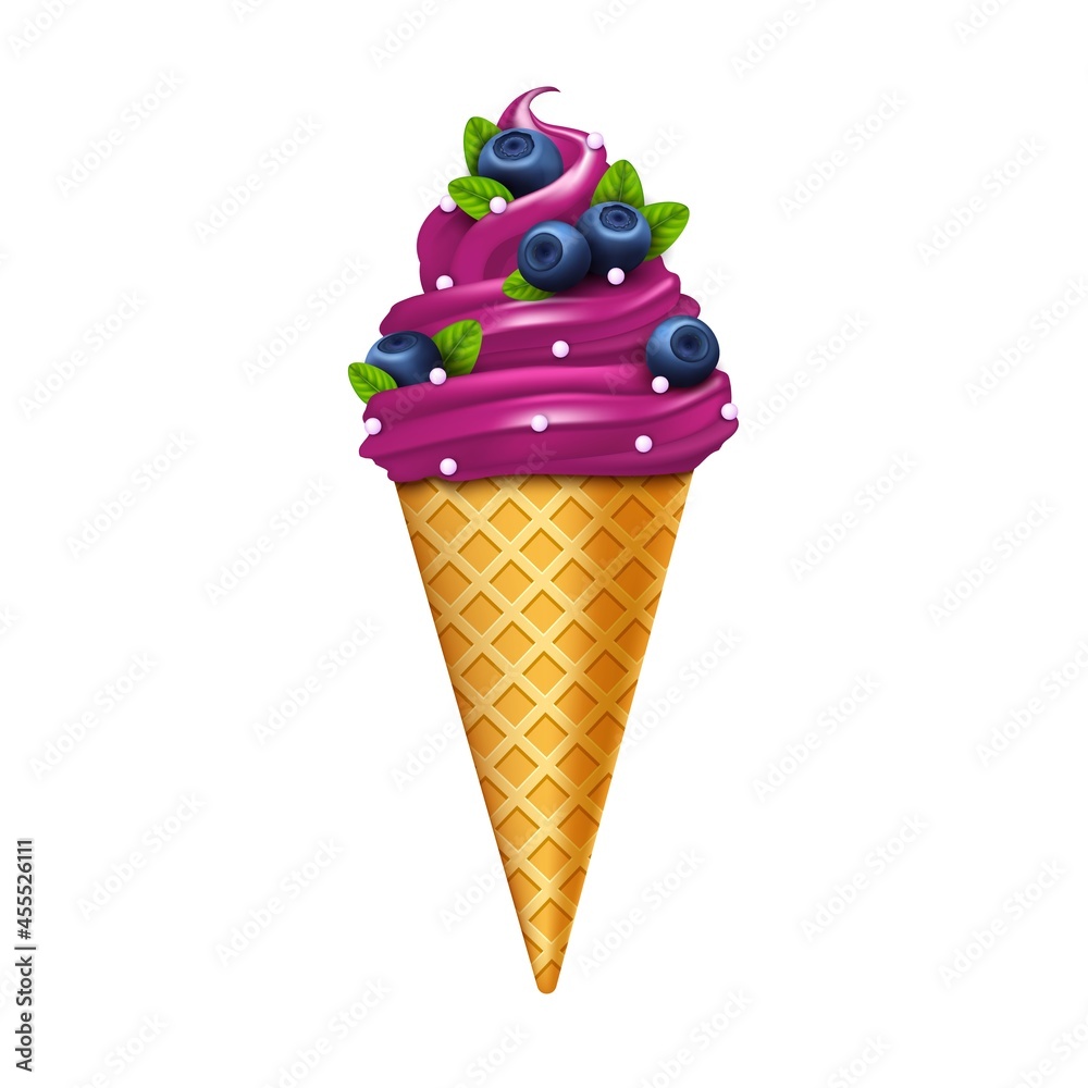 Sticker Realistic Detailed 3d Juicy Berries with Green Leaves and Topping Ice Cream Cone. Vector illustration of Icecream