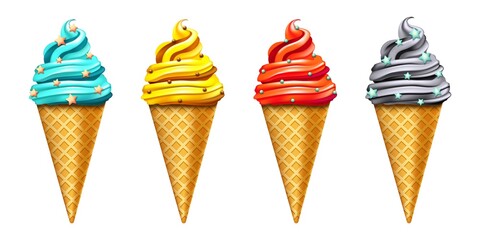 Realistic Detailed 3d Different Color Vanilla or Strawberry Taste and Topping Ice Cream Cone Set. Vector illustration of Icecream