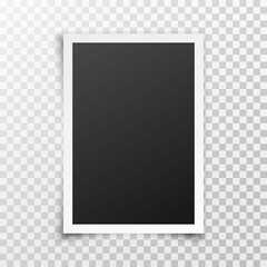 Realistic blank photo frame with shadow isolated on transparent background. Vertical photo frame. Black empty vintage photo frame. Mockup for pictures, photography, poster. Vector illustration