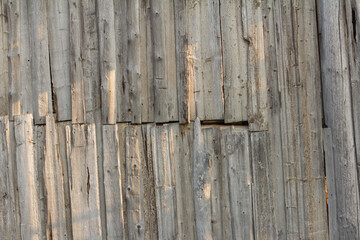 Wooden background.An old wooden fence made of unpainted boards with cracks and nails.