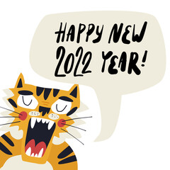 Cute hand-drawn tiger, the symbol of 2022 year, screams Happy New Year. Greeting card, banner design with hand lettering