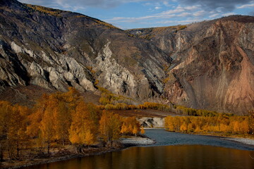 Russia. The South Of Western Siberia, The Altai Mountains. Golden autumn in the valley of the Chulyshman River near the Katu-Yaryk pass.