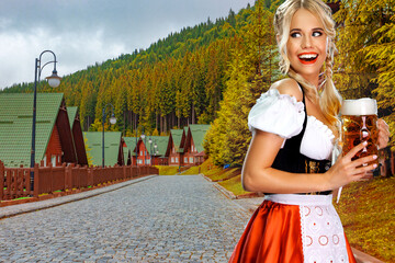 Oktoberfest girl waitress with beer, wearing a traditional Bavarian or german dirndl, serving big...