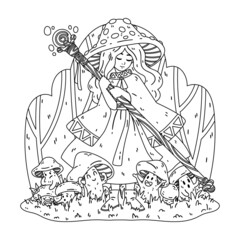 Mushroom witch, with a magic staff, a cape and a fly agaric hat. The enchantress grows boletus. Halloween drawing coloring page. Vector illustration isolated on white background.